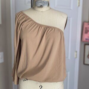 Vintage RAVEL Y2K beige Nude One Shoulder smocked Slit Sleeve Blouse *SMALL*